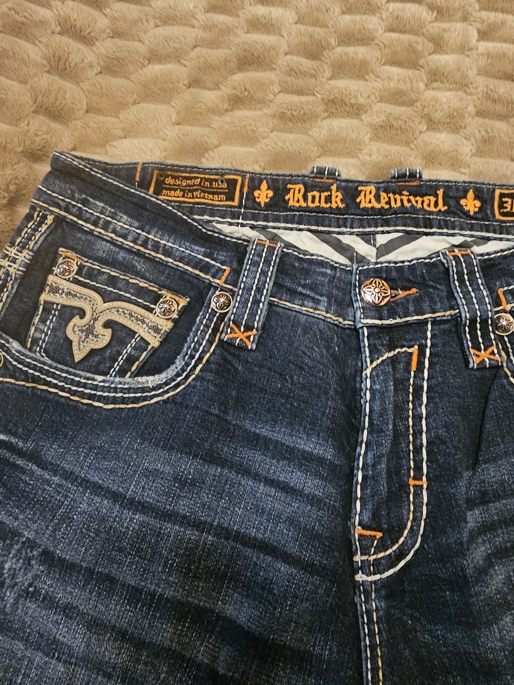 Rock Revival Men's Dark Blue Denim Jeans with Orange Stitching